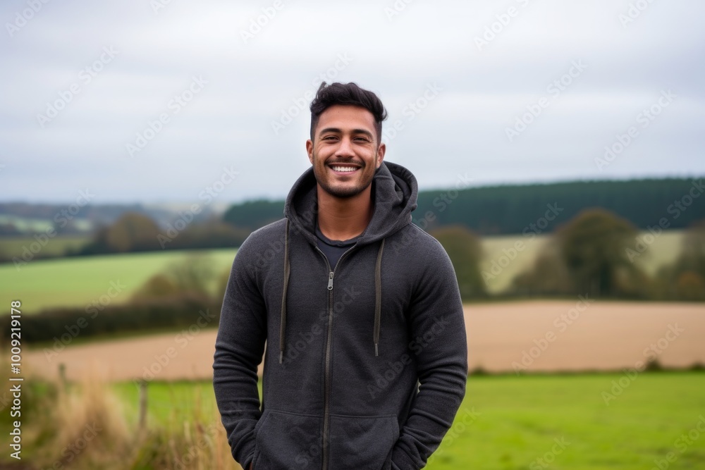 Portrait of a happy indian man in his 20s wearing a zip-up fleece hoodie on quiet countryside landscape Portrait of a happy indian man in his 20s wearing a zip-up fleece hoodie on quiet countryside landscape