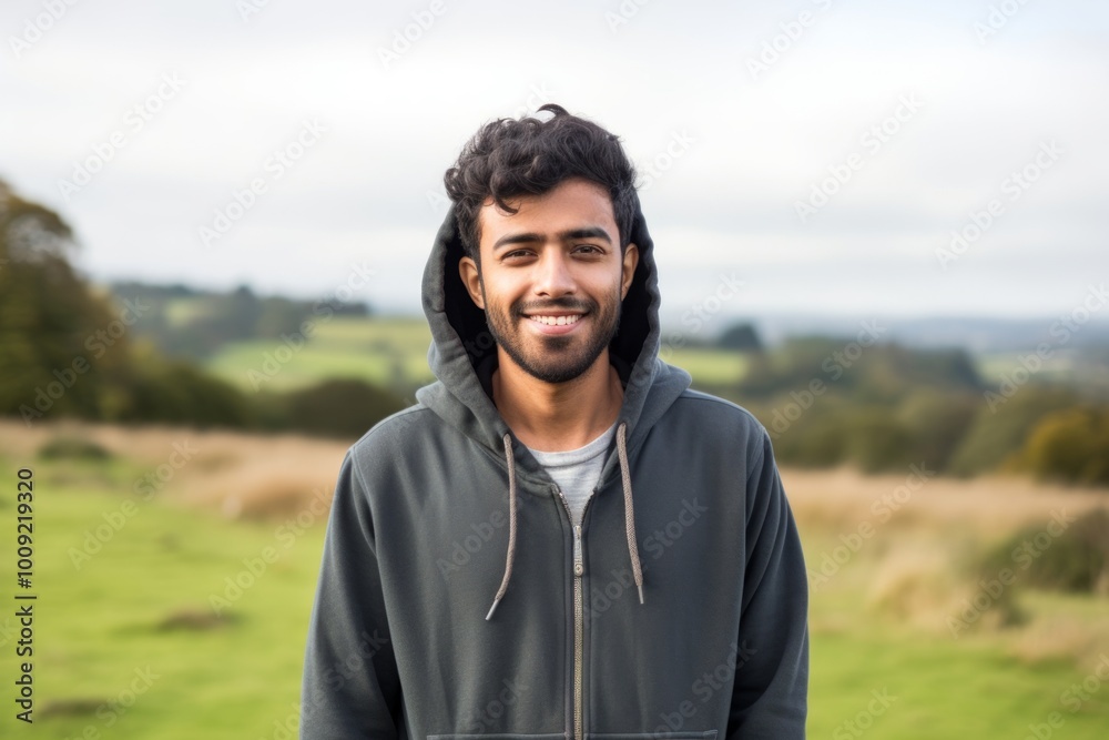 Portrait of a happy indian man in his 20s wearing a zip-up fleece hoodie in front of quiet countryside landscape