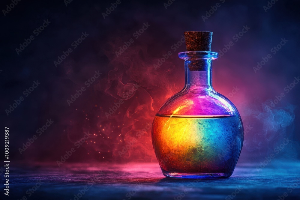 Mystical potion in a glass bottle with colorful glow Mystical potion in a glass bottle with colorful glow