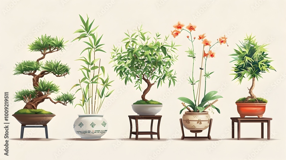 Fototapeta premium Zen Retreat Tranquil Collection of Bonsai Bamboo and Orchid in Ceramic Pots and Wooden Stands