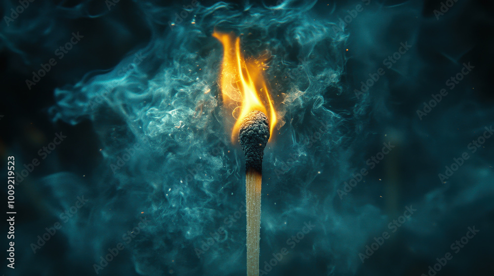 A striking close-up of a matchstick igniting, producing a vibrant flame surrounded by swirling smoke. Ideal for themes of fire, warmth, and energy A striking close-up of a matchstick igniting, producing a vibrant flame surrounded by swirling smoke. Ideal for themes of fire, warmth, and energy