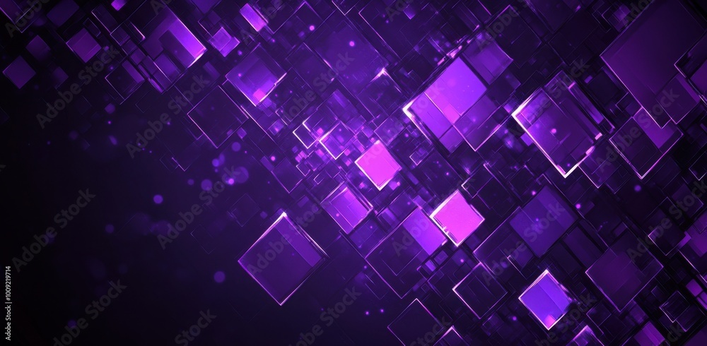 A digital artwork with a purple background featuring squares and lights, in a flat design style A digital artwork with a purple background featuring squares and lights, in a flat design style