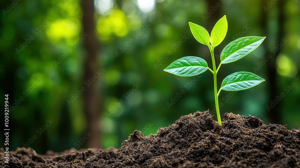 A small green plant emerges from dark soil, symbolizing growth and renewal in a lush, vibrant forest setting. A small green plant emerges from dark soil, symbolizing growth and renewal in a lush, vibrant forest setting.