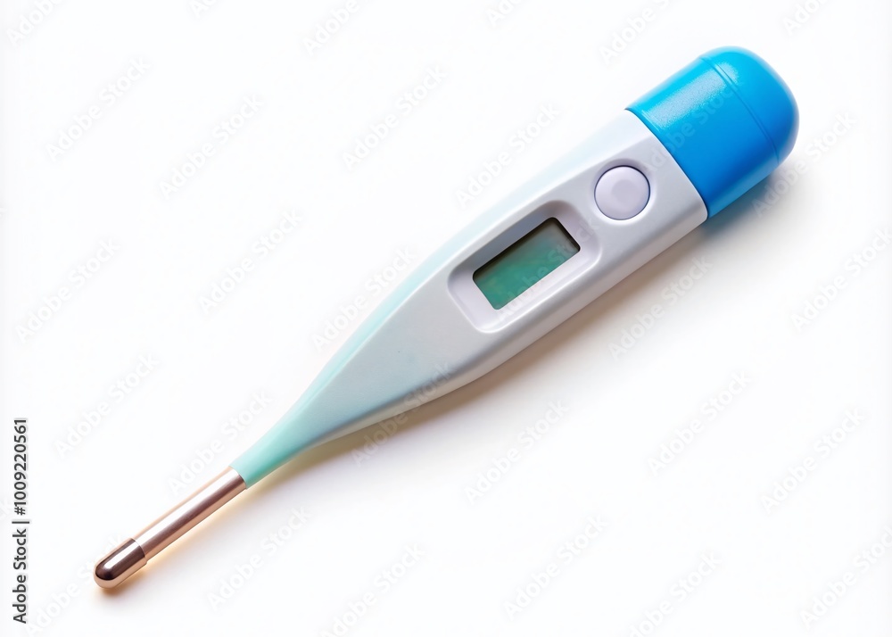 Digital thermometer for measuring body temperature during cold and flu season on white background Digital thermometer for measuring body temperature during cold and flu season on white background