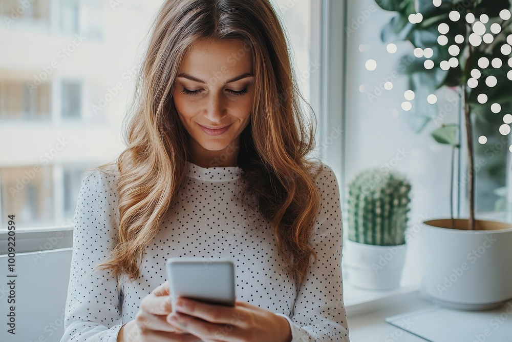 Business woman reading text message on smartphone while working remotely, Generative AI Business woman reading text message on smartphone while working remotely, Generative AI