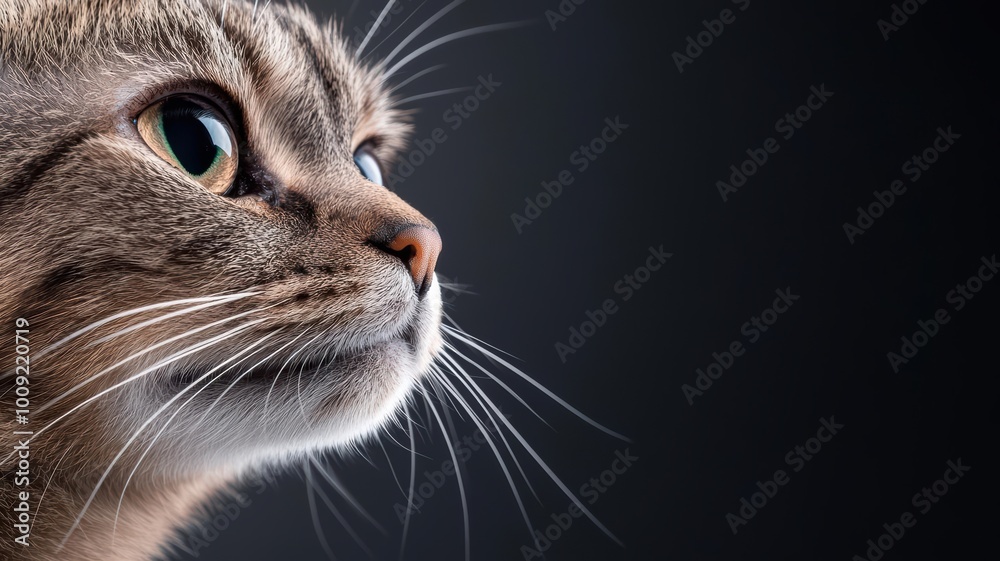 Close-up profile of a curious tabby cat against a dark background. Close-up profile of a curious tabby cat against a dark background.