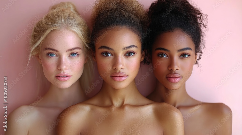 Three Diverse Women with Clean Skin and Makeup Free Faces Three Diverse Women with Clean Skin and Makeup Free Faces