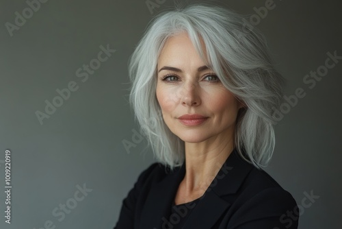 Mature business woman with silver hair looking at the camera, Generative AI