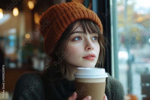 Young woman enjoying coffee at a cafe, Generative AI