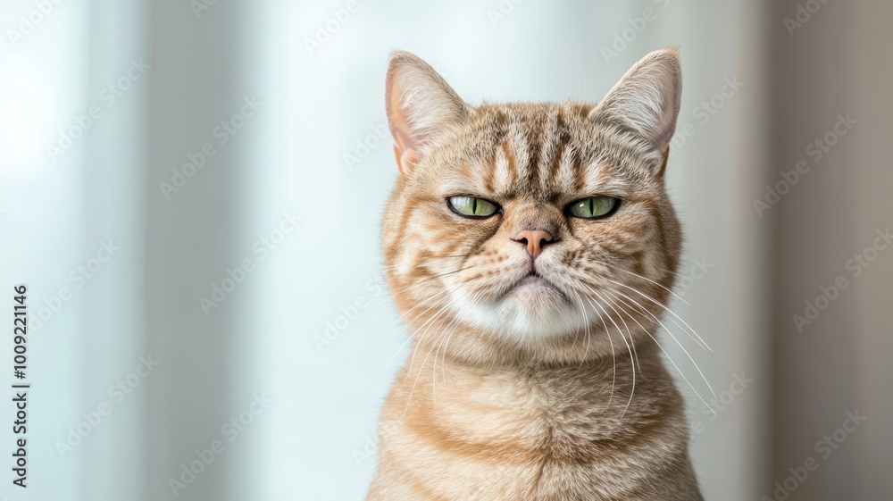 Portrait of a serious-looking cat with green eyes, soft fur, and a confident expression. Portrait of a serious-looking cat with green eyes, soft fur, and a confident expression.