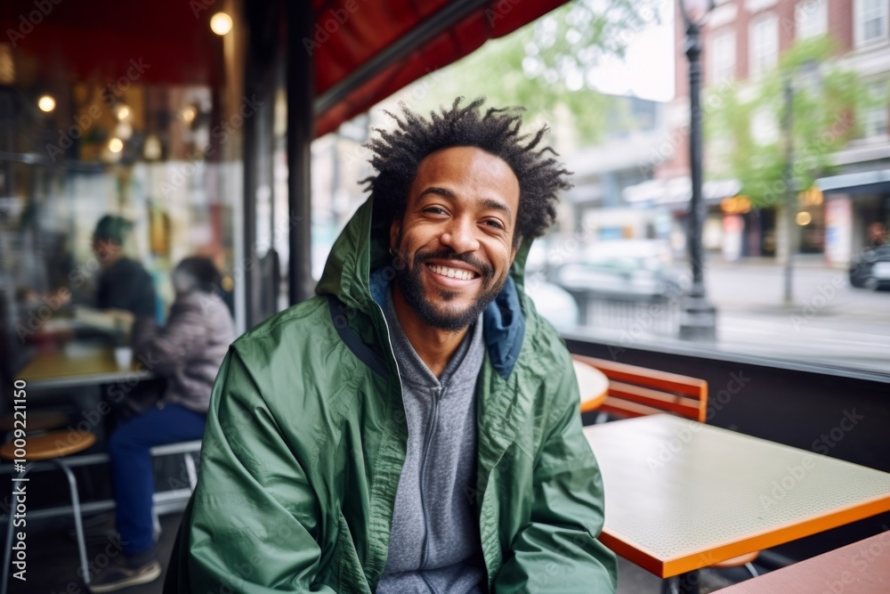 Portrait of a smiling afro-american man in his 40s wearing a lightweight packable anorak in bustling city cafe Portrait of a smiling afro-american man in his 40s wearing a lightweight packable anorak in bustling city cafe