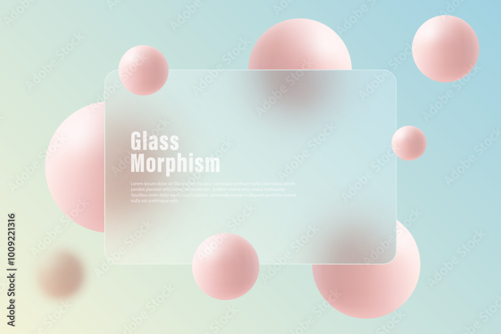 Website landing page template in glass morphism style. Frosted glass partition with floating spheres.