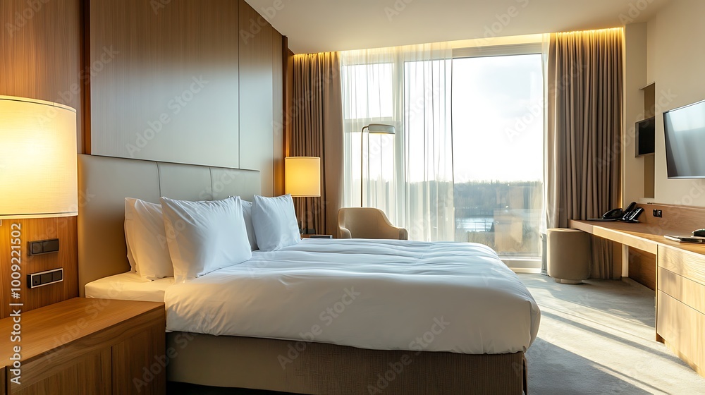 Modern Hotel Room with King-Sized Bed and City Views Modern Hotel Room with King-Sized Bed and City Views