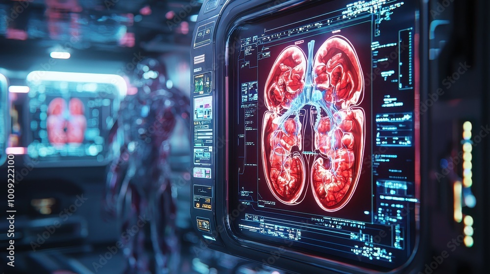Close-up of a futuristic medical screen displaying a detailed scan of a human organ. Close-up of a futuristic medical screen displaying a detailed scan of a human organ.