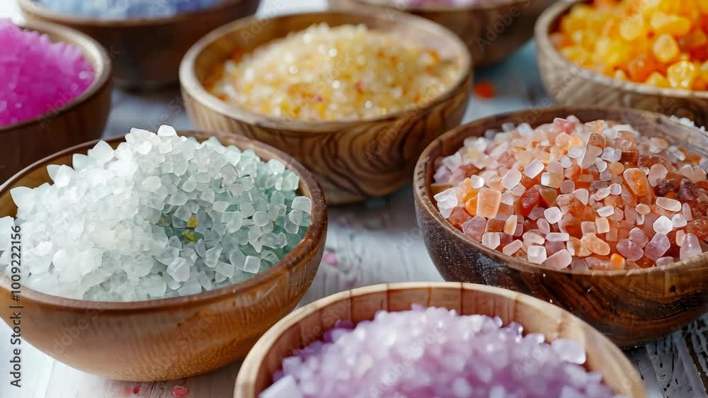 A selection of colorful bath salts in wooden bowls A selection of colorful bath salts in wooden bowls