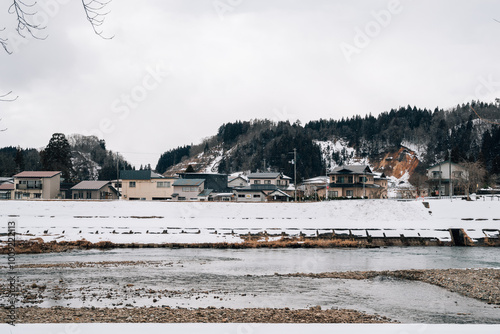 Obraz na płótnie Kakunodate town and Hinokinai River at winter in Akita, Japan w salonie