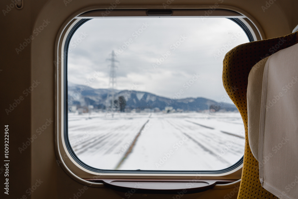 Traveling to Akita, Japan. View of winter scenery from train
