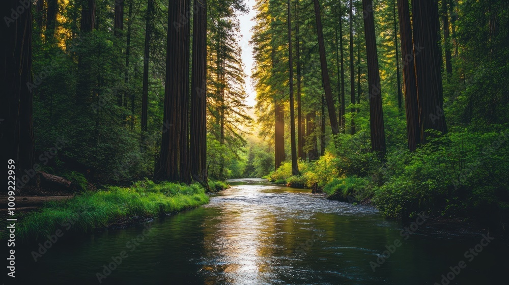 Obraz premium Sunlight Filtering Through Redwood Trees