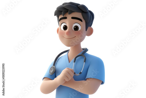 A friendly cartoon doctor in scrubs prepares to help patients with a smile, on the transparent background. PNG Format