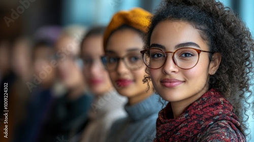 Young Woman Smiling Confidently in a Group of Friends