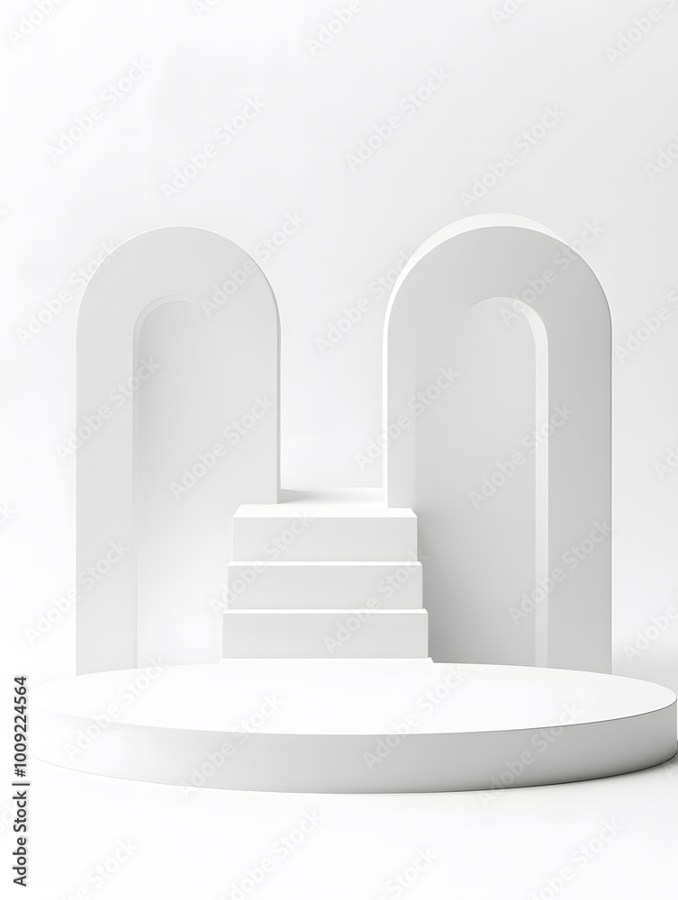 3d simple white round podium isolated on white background. Stage for product presentation mock up.