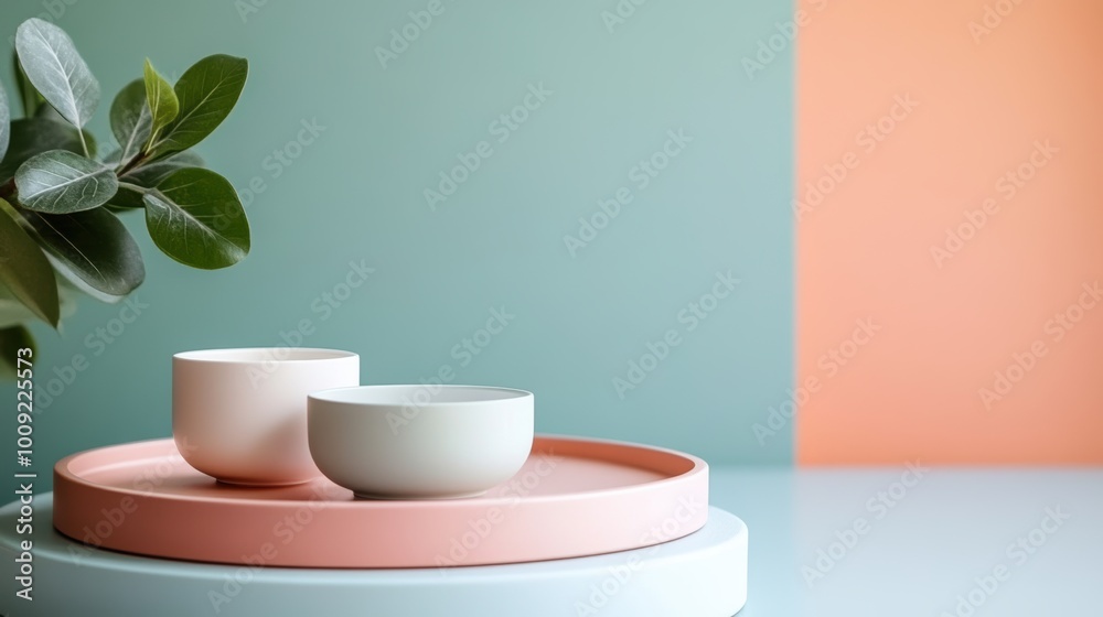 Two minimalist ceramic cups placed on a pastel-colored tray with a soft background and green leaves, creating a modern, calm composition. Two minimalist ceramic cups placed on a pastel-colored tray with a soft background and green leaves, creating a modern, calm composition.
