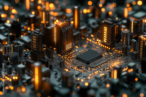 glowing microchip metropolis with golden circuitry and futuristic sci-fi atmosphere. Generative AI