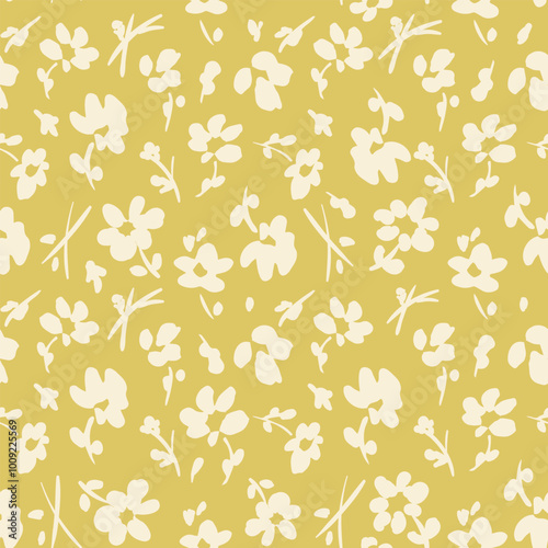 All over vector seamless repeat pattern with cream ditsy tossed flowers on golden mustard background. Versatile simple cottage everyday ditsy floral backdrop in golden honey mustard fall colors.