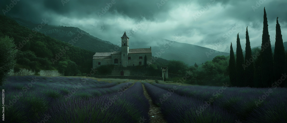 nostalgic view of a castle with lavender fields, captured in faded dark gray and emerald hues. Generative AI