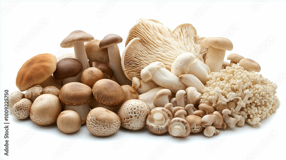 a medley of mushrooms showcasing delicate textures and earthy tones against a softly lit white background. Generative AI