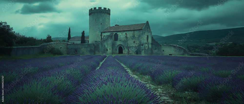 nostalgic view of a castle with lavender fields, captured in faded dark gray and emerald hues. Generative AI