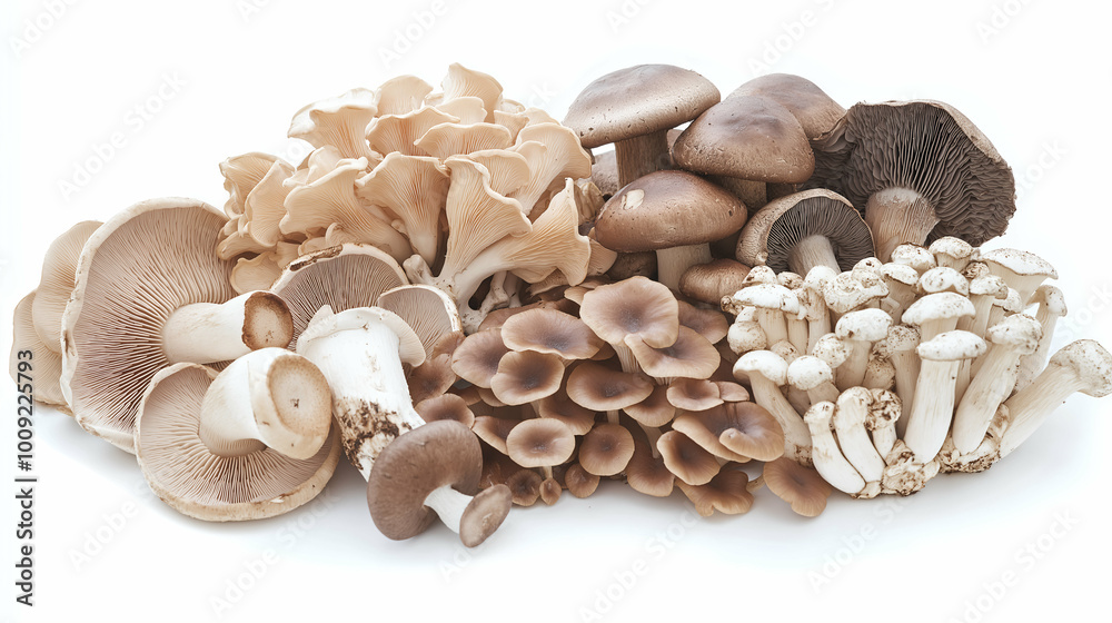 a medley of mushrooms showcasing delicate textures and earthy tones against a softly lit white background. Generative AI