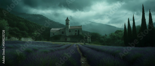 Obraz na płótnie nostalgic view of a castle with lavender fields, captured in faded dark gray and emerald hues. Generative AI w salonie