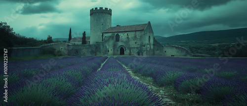 Obraz na płótnie nostalgic view of a castle with lavender fields, captured in faded dark gray and emerald hues. Generative AI w salonie