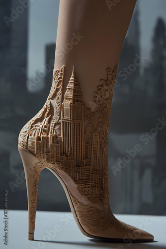Obraz na płótnie luxurious high-fashion stiletto boot with London skyline bas-relief design, captured in an elite photoshoot. Generative AI w salonie