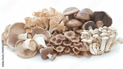 Obraz na płótnie a medley of mushrooms showcasing delicate textures and earthy tones against a softly lit white background. Generative AI w salonie