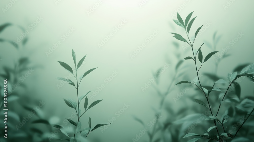 Fototapeta premium A tranquil, minimalistic scene of delicate green plant stems against a soft, blurred background, creating a peaceful, nature-inspired atmosphere.