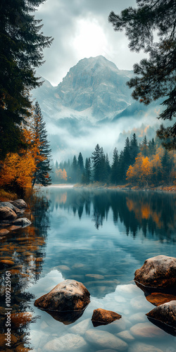 serene alpine lake reflecting towering peaks and lush forests in a vibrant natural paradise. Generative AI