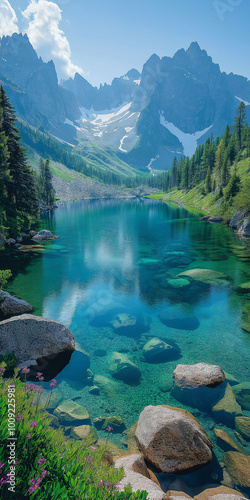 serene alpine lake reflecting towering peaks and lush forests in a vibrant natural paradise. Generative AI