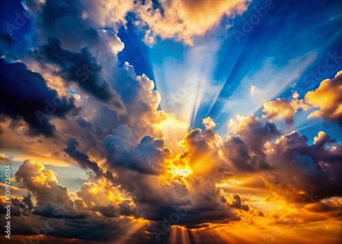 Dramatic Cloudy Sky with Sunlight Breaking Through, Perfect for Weather Backgrounds and Designs