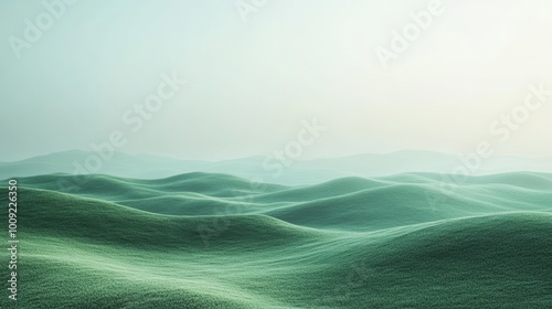 A serene scene of gentle, soft green rolling hills fading into the distance under a misty sky, creating a tranquil atmosphere.