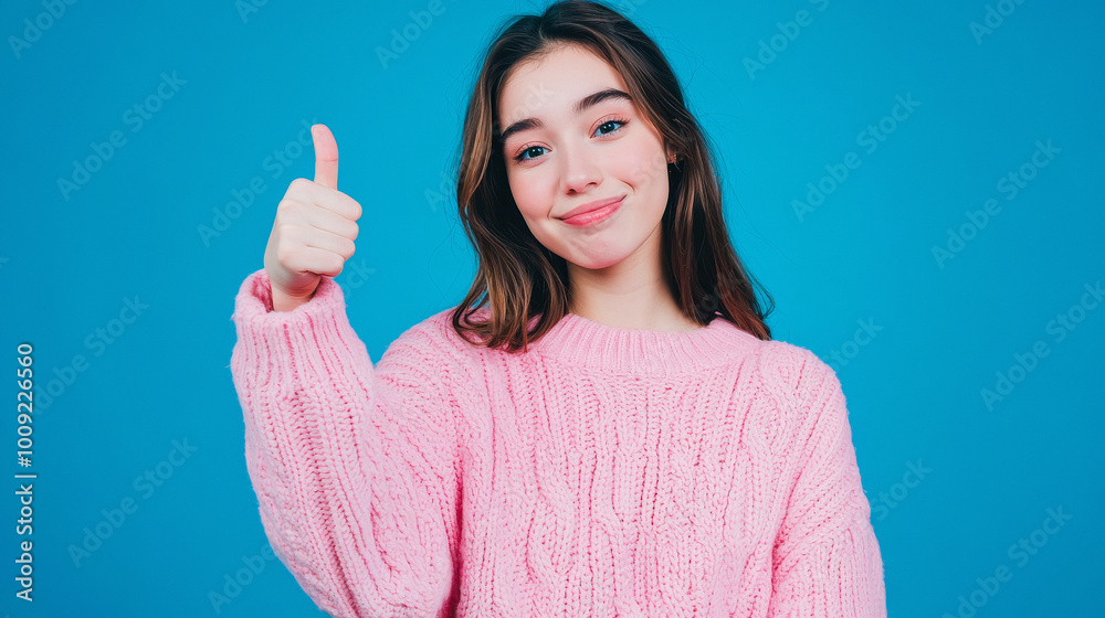young beautiful woman showing thumbs up on blue background young beautiful woman showing thumbs up on blue background