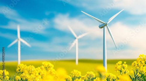 wind turbines in the green field photo