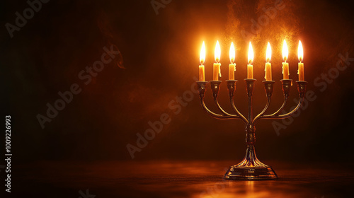 A menorah with glowing candles, creating a warm and peaceful atmosphere against a dark, moody background, symbolizing Hanukkah celebration. 