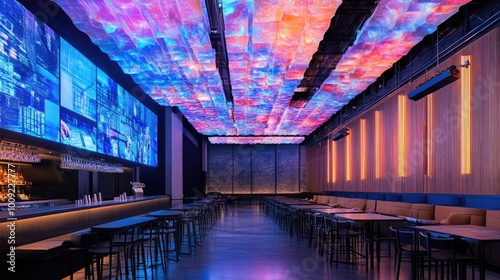 contemporary event space with massive led screen and industrialchic ceiling design photo