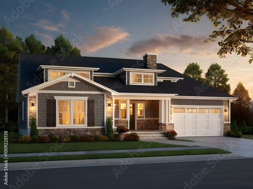 Double garage, brick and siding trim, and a luxurious modern home exterior