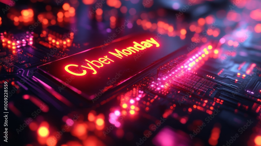 Glow of Cyber Monday sales on a circuit board illuminated by bright red lights and technology Glow of Cyber Monday sales on a circuit board illuminated by bright red lights and technology