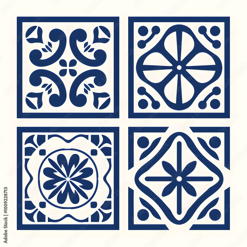 Blue floral tiles ornament. Traditional mosaic Portuguese azulejo motifs. Vintage Floor Tile geometric design with ornamental element Blue floral tiles ornament. Traditional mosaic Portuguese azulejo motifs. Vintage Floor Tile geometric design with ornamental element