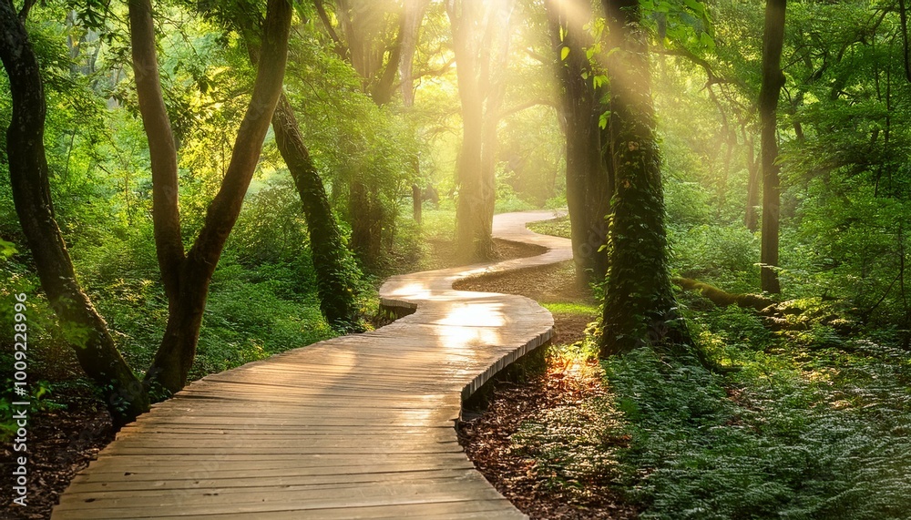 Winding path in a sun-drenched forest Winding path in a sun-drenched forest