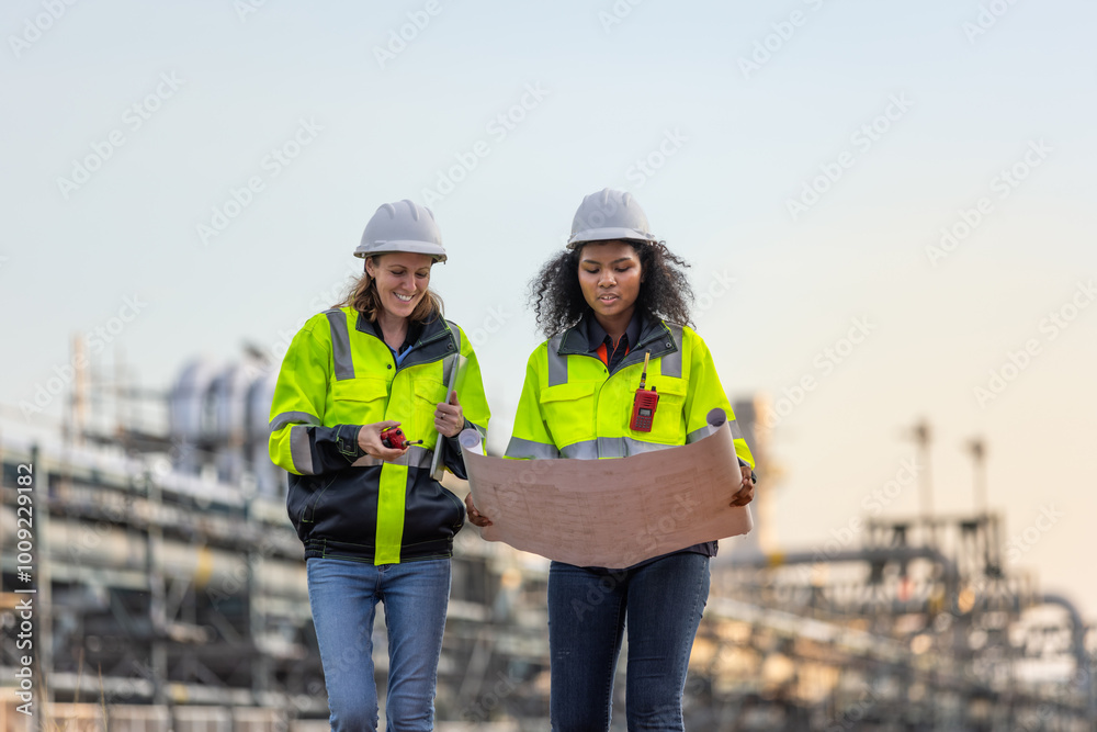 Two Engineers Reviewing Blueprint Plans at Industrial Facility, Wearing Safety Helmets and High-Visibility Jackets During a Site Inspection Two Engineers Reviewing Blueprint Plans at Industrial Facility, Wearing Safety Helmets and High-Visibility Jackets During a Site Inspection